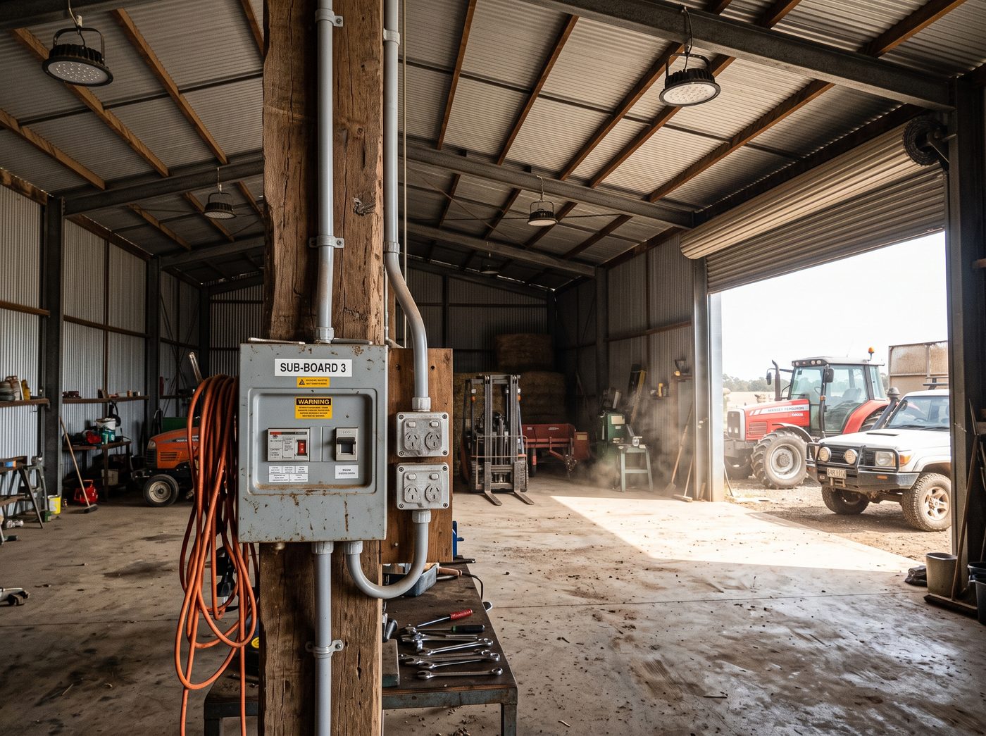 Electrical sub-board and power outlets in a farm shed