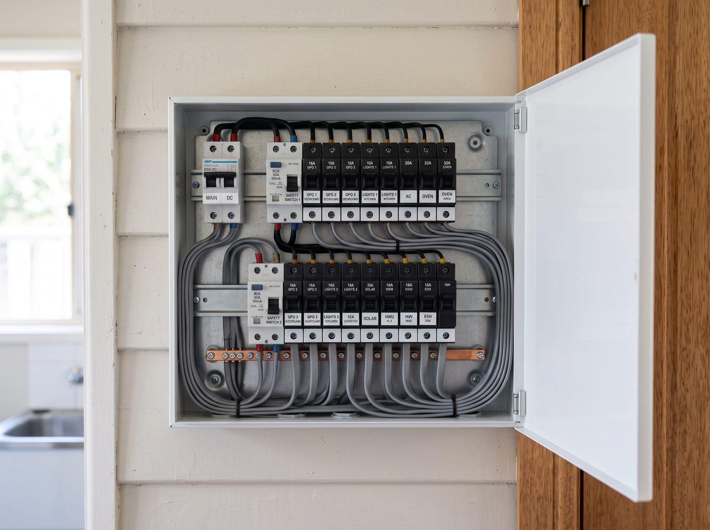 Modern switchboard with circuit breakers and safety switches