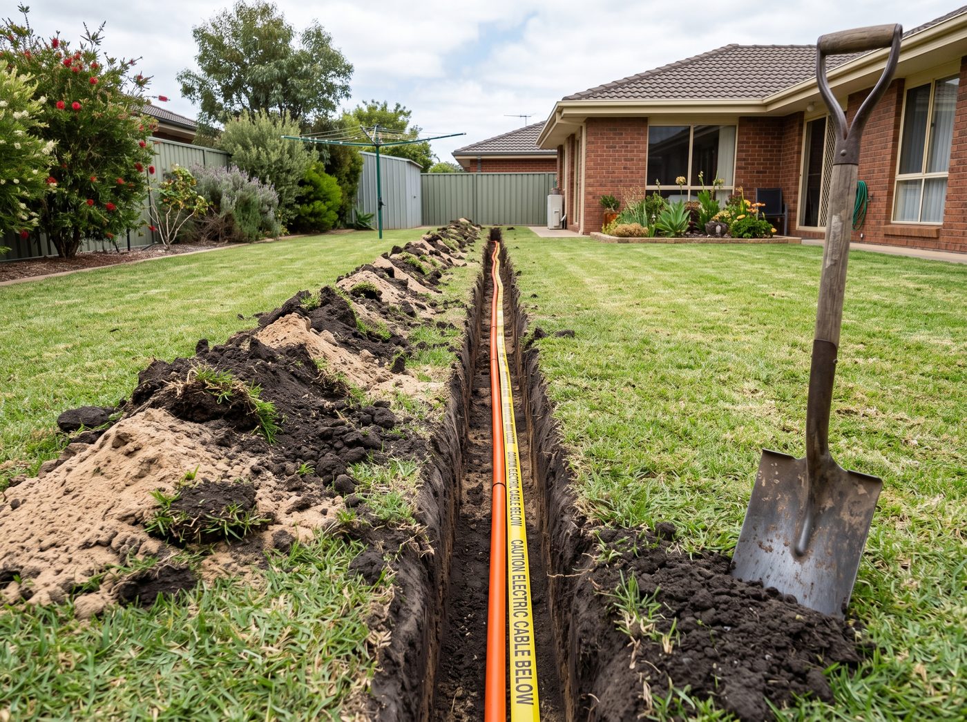 Underground cable trench with conduit and marker tape
